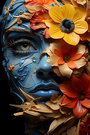 Close-up portrait of a beautiful woman with flowers on her face.の素材