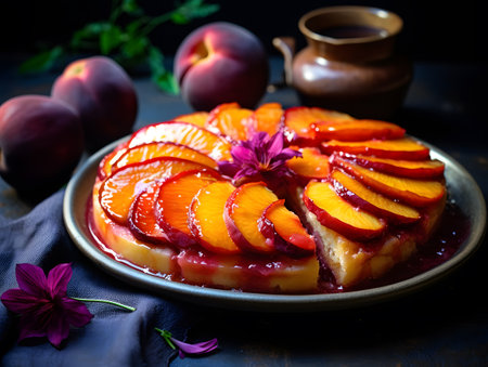 Peach Cake with Fresh Peaches on Dark Background, selective focusの素材