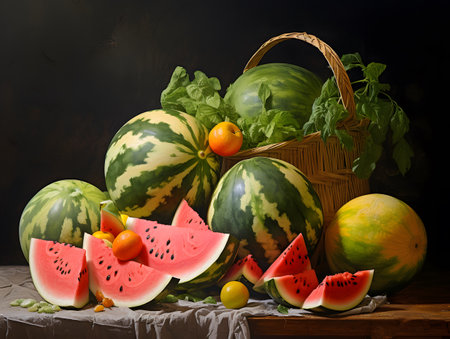 Watermelons and melons on a wooden table. still lifeの素材