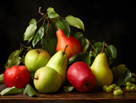 Still life with pears, apples and grapes on a dark backgroundの素材