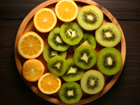 Slices of kiwi, orange and lemon on wooden plateの素材