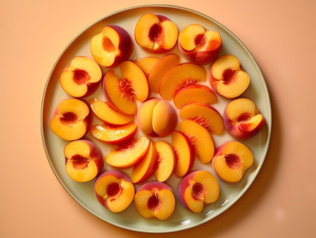 Plate with slices of fresh peaches on color background, top viewの素材
