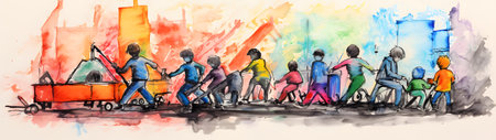 Colorful abstract watercolor painting of a group of people riding on bicyclesの素材