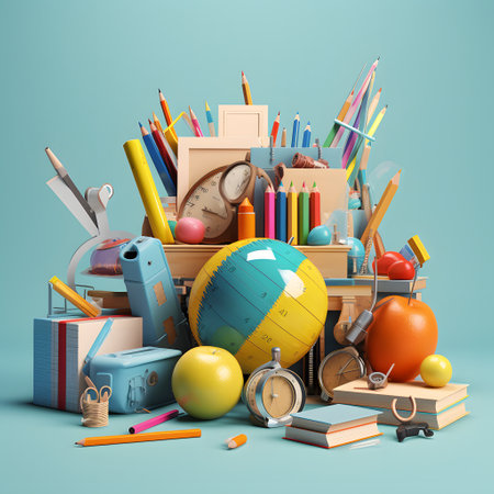 School supplies and a globe on a blue background. 3d renderingの素材