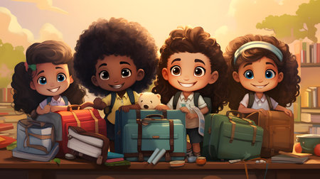 Cartoon scene with happy kids having fun at school illustration for childrenの素材