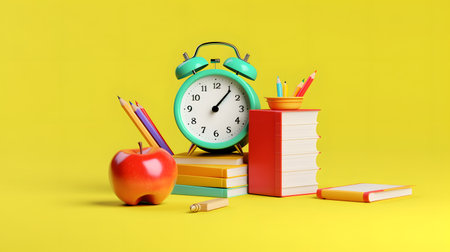 Back to school concept with alarm clock, books and apple on yellow backgroundの素材