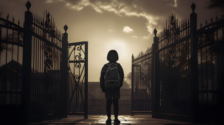 silhouette of a boy with a backpack standing in front of a gateの素材