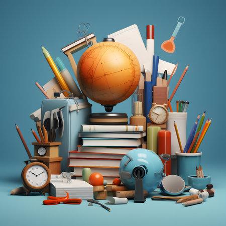 Back to school background with globe, books, pencils, coffee cup and alarm clock 3d renderの素材