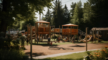 Children's playground in the park on a summer day. Vintage-style.の素材