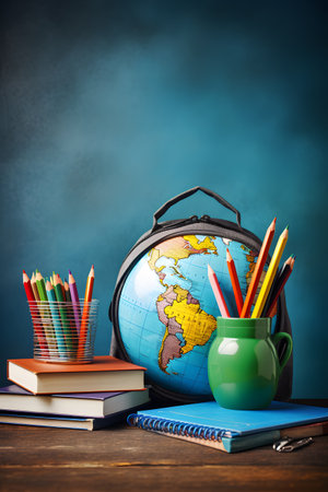 Back to school concept with globe, books and pencils on wooden tableの素材