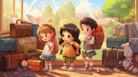 Group of kids traveling with suitcases in the park. Cartoon illustration.の素材