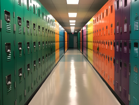 3d render of school lockers in a row in a corridorの素材