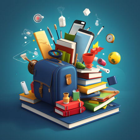 Back to school concept with pile of books, mobile phone and stationery on blue backgroundの素材