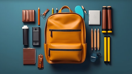 Top view of school backpack with stationery on blue background. Back to school conceptの素材