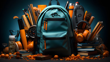 Backpack with school supplies on a blue background. 3d illustrationの素材