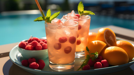 Refreshing summer cocktail with raspberries, lemon and mintの素材