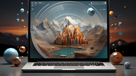 Laptop with abstract mountain landscape on screen. 3D Renderingの素材