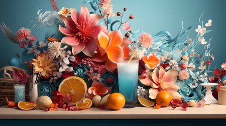 Cocktail with orange and flowers on blue background. 3d illustrationの素材