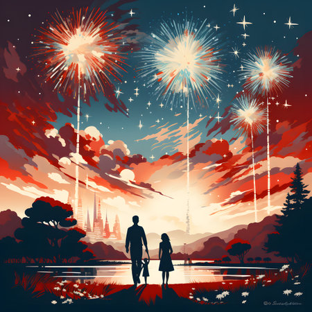 Happy couple watching fireworks in the sky. Vector illustration for your designの素材
