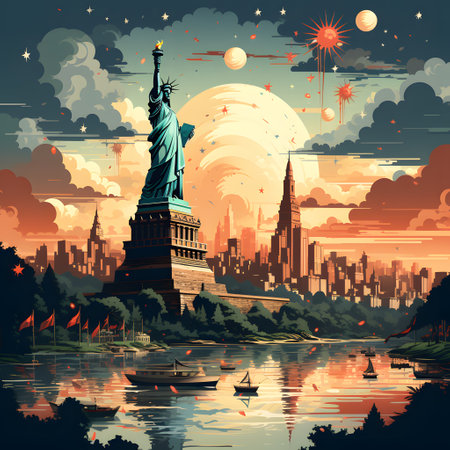 Statue of Liberty in New York City at sunset. illustrationの素材