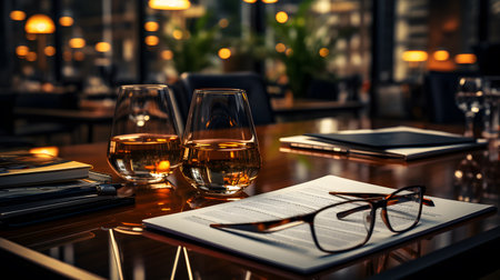 Glasses on a table in a restaurant with a book and glassesの素材
