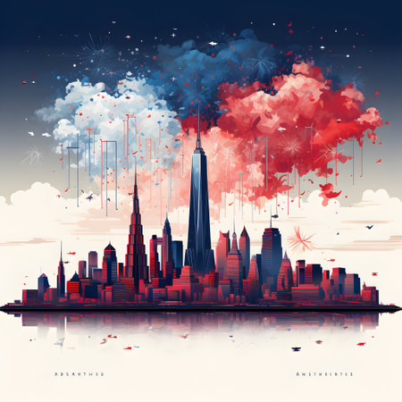 Big city with explosion of red and blue smoke. Vector illustration.の素材