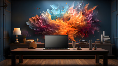 Laptop on wooden table in modern room with fire effect. 3D renderingの素材