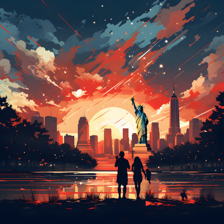 New York City skyline at sunset with people silhouettes. illustrationの素材