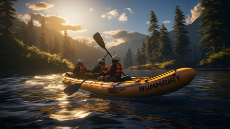Kayaking on the lake in the mountains. 3d render.の素材