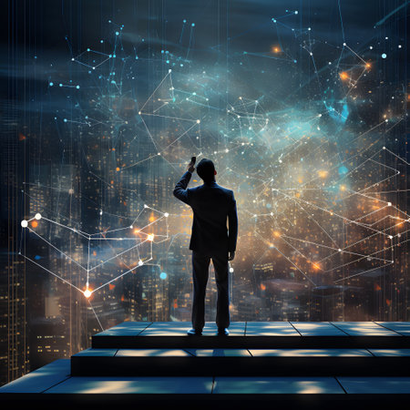 Back view of businessman looking at digital network hologram over night city backgroundの素材