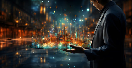 Modern cityscape and business man with tablet in his hand. mixed-mediaの素材