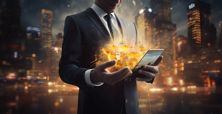 Double exposure of businessman holding tablet and modern city at the background.の素材