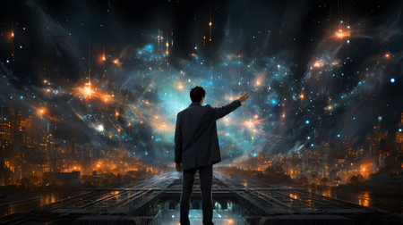Businessman standing with back and pointing with finger at night cityscapeの素材