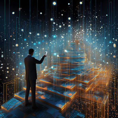 Back view of businessman in suit using mobile phone in futuristic space. 3D renderingの素材