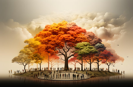 People in front of big tree with fire and smoke in the skyの素材