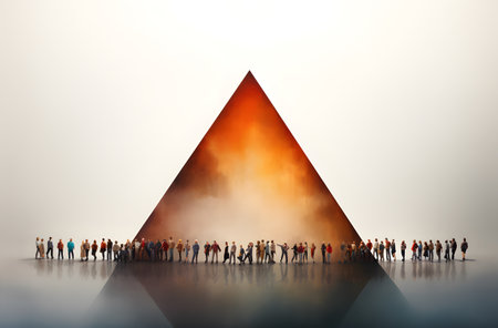 Conceptual image of a large group of people in front of a pyramidの素材