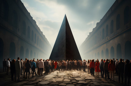 Conceptual image of a crowd of people in front of a pyramidの素材