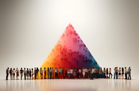 Business People Standing in a Pyramid with Colorful Futuristic Abstract Backgroundの素材