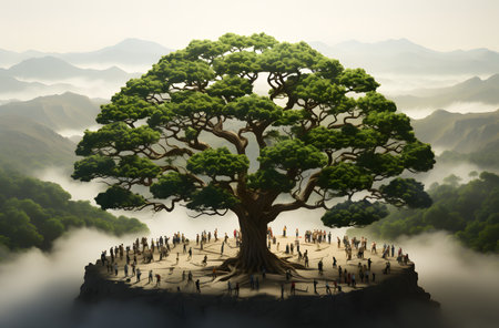 Fantasy landscape with big tree and people on top of mountain.の素材