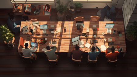 Top view of business people sitting at the table in office. 3d renderingの素材