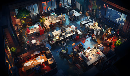 3D rendering of business people working in the office at night.の素材