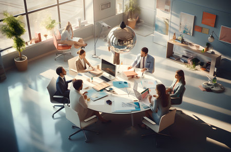 Group of business people working and communicating together in modern office. Corporate business team and manager in meeting.の素材