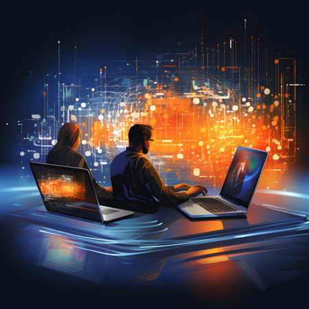 Group of muslim people using laptops at night. Vector illustration.の素材