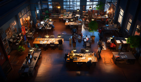3d rendering of people working in the office at night time.の素材