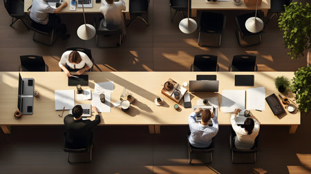 Top view of a group of business people sitting at a table in an officeの素材