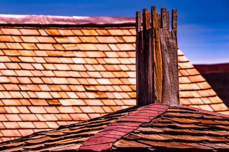 This is a photo of the some roof tops on old building at the Bodie State Historic Park ghost town in California.の写真素材