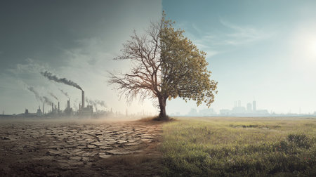 A tree divides polluted and clean environmentの素材