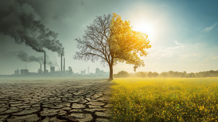 A symbolic split landscape showing environmental contrastの素材