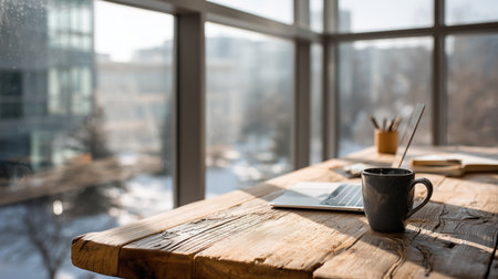 A Modern minimalist workspace with wooden desk and laptopの素材