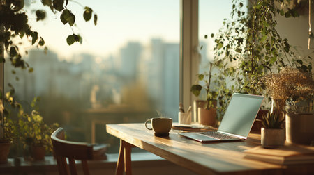 A serene home office with laptop and plantsの素材
